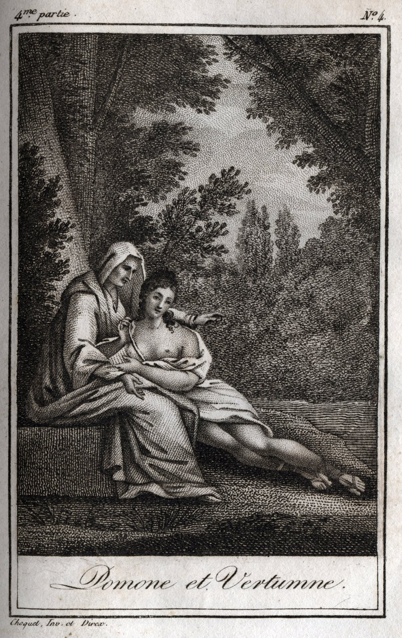 Vertumne a Pomone (Jupiter a Ceres): Vertumne, zamilovaná do nymfy Pomone, se přestrojí za starou ženu, aby se k ní přiblížila. Rytina z roku 1819 v „Lettres a Emilie sur la mythologie“ od Charlese Alberta Demoustiera (1760-1801). Soukromá sbírka. od Anonymous Anonymous