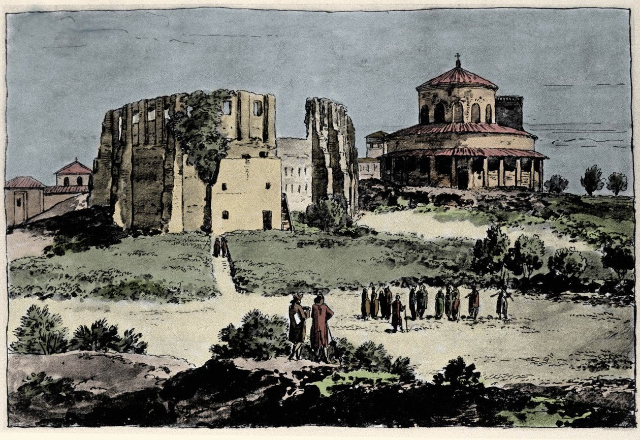 Pohled na kostel Santa Constance (nza), mauzolea císaře Konstantina postavená ve 4. století poblíž baziliky sv. Anežky (Agnese) v Římě Ilustrace z 19. století od Anonymous Anonymous