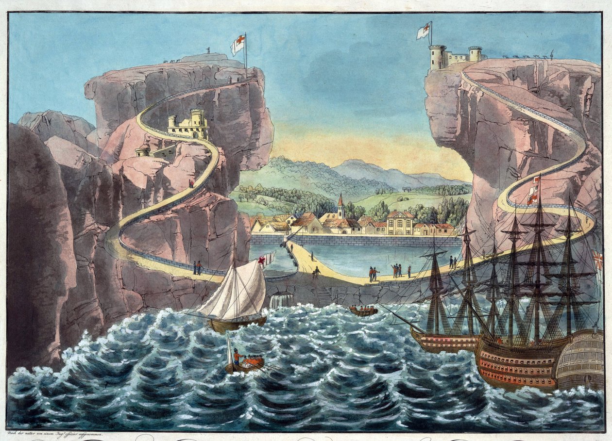 Pohled na ostrov Svatá Helena ze strany přistávacího místa u Fort James - Anonym - 1815 - Akvatinta - 46,7x54,5 - Soukromá sbírka od Anonymous Anonymous