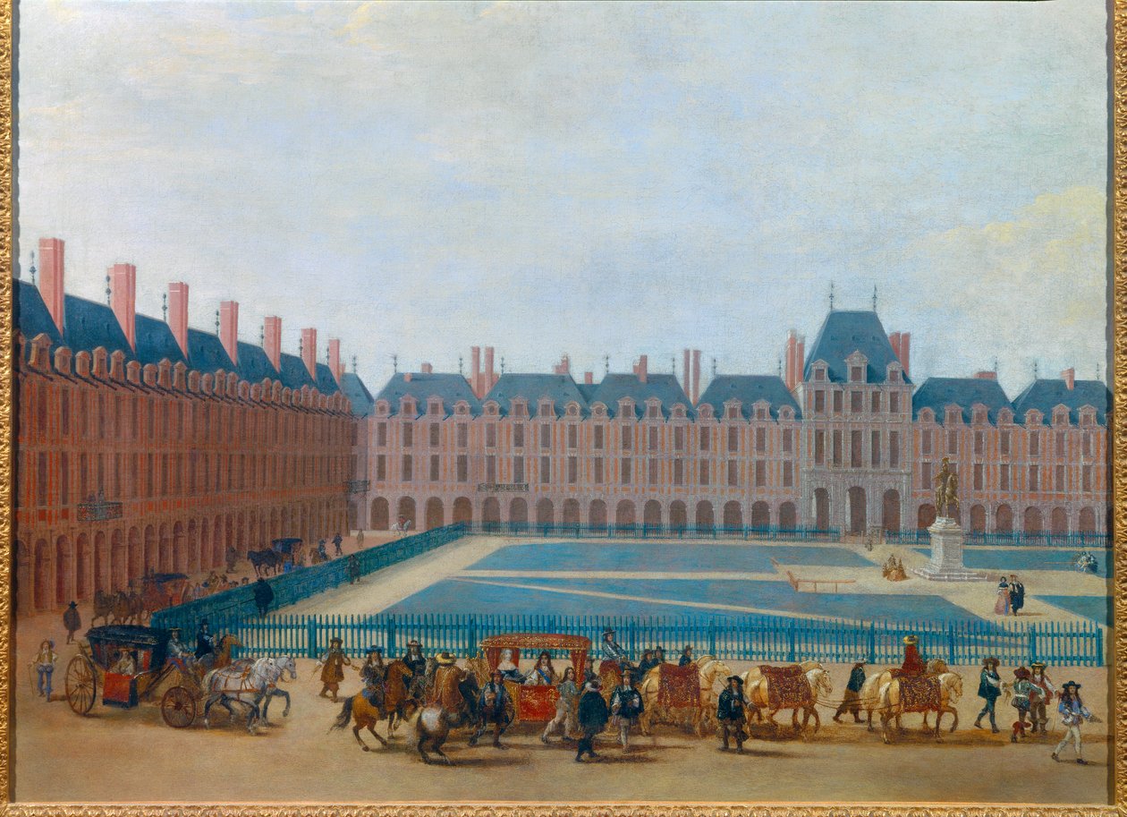 Pohled na Place Royale kolem roku 1660, průjezd kočáru krále Ludvíka XIV. Současné místo des Vosges v Paříži. Anonymní obraz 17. století. Ztlumit. 0,81 x 1,13 m Paříž, Musee Carnavalet od Anonymous Anonymous