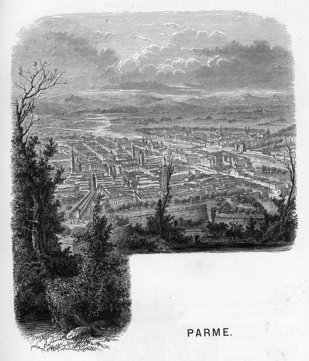 Pohled na město Parma (Parma), Itálie. Rytina z roku 1859 v „”les galeries de l