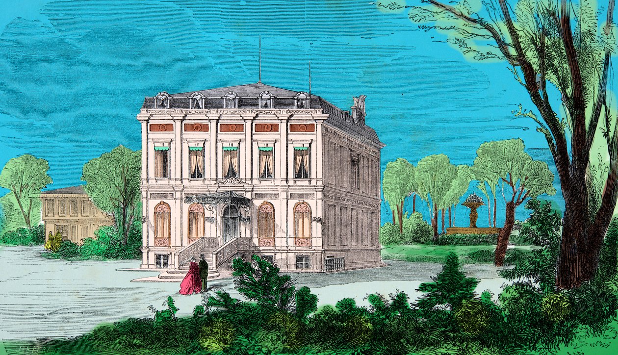 Pohled na dům Gioachino (Gioacchino, Giovacchino) Rossini (1792-1868) v Passy au Bois de Boulogne, rytina, soukromá sbírka od Anonymous Anonymous