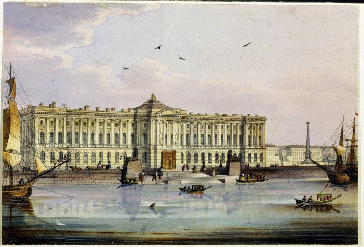 Vnější pohled na Imperial Academy of Fine Arts (výtvarné umění) v Petrohradu (Album Marie Taglioni). (Imperiální akademie umění v Petrohradě (Album Marie Taglioni). Anonymní lept a akvarel, 40. léta 19. století. Moskva, Museum Stat od Anonymous Anonymous