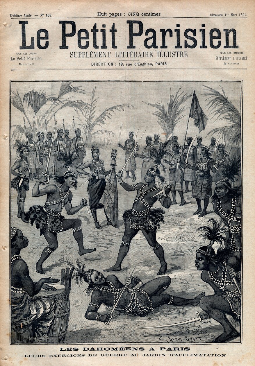 Válečná cvičení: Amazonky, bojovníci a feticheurs dahomeens (nyní Benin) ze zahrady aklimatizace v Paříži (Lidská zoo). Rytina „Le petit Parisien““ z roku 1891. Soukromá sbírka. od Anonymous Anonymous