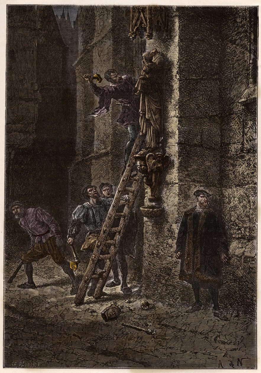 Válka náboženství - Obrazoborectví - Ničení posvátných předmětů kacíři (protestanty) v 16. století ve Francii - Kacířští obrazoborci ve Francii - Obrazoborecké běsnění - Protestanti ničí obrazy Marie a Krista-dítěte - rytina z „“ L