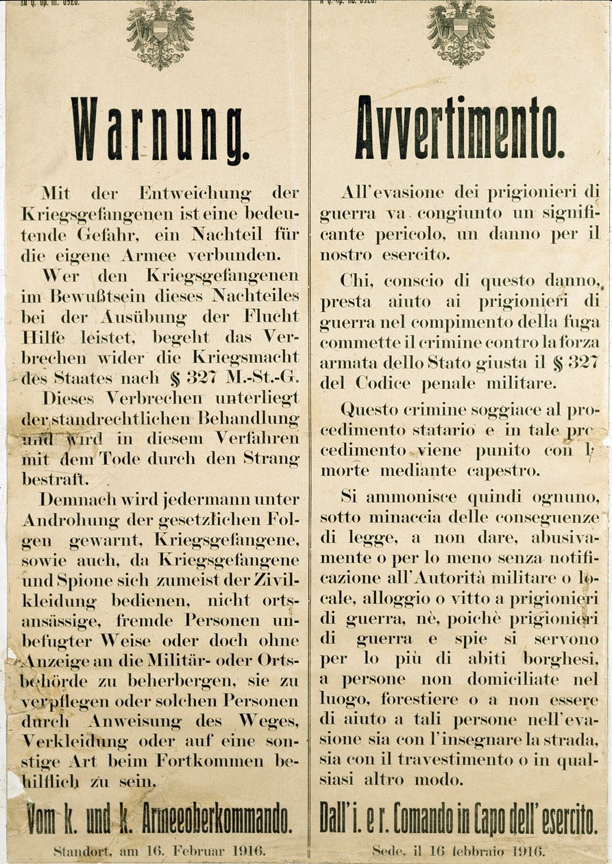 Varování po útěku italských válečných zajatců 16. února 1916 prosící rakouské obyvatelstvo, aby jim nepomáhalo (rytina od Anonymous Anonymous