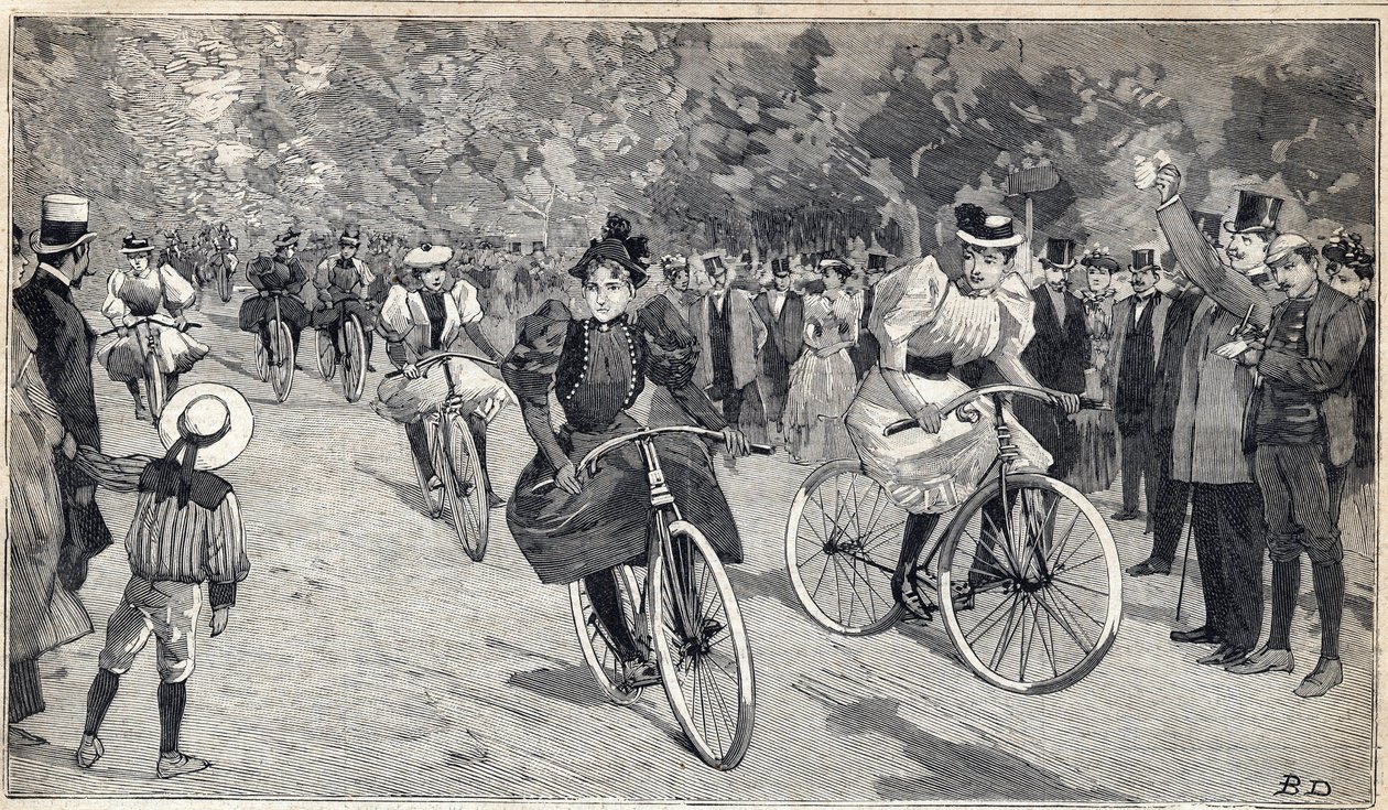 Ženský závod velocipedistek v Bois de Boulogne u Paříže. Rytina v „“Le Petit Parisien““ dne 25.6.1893. od Anonymous Anonymous