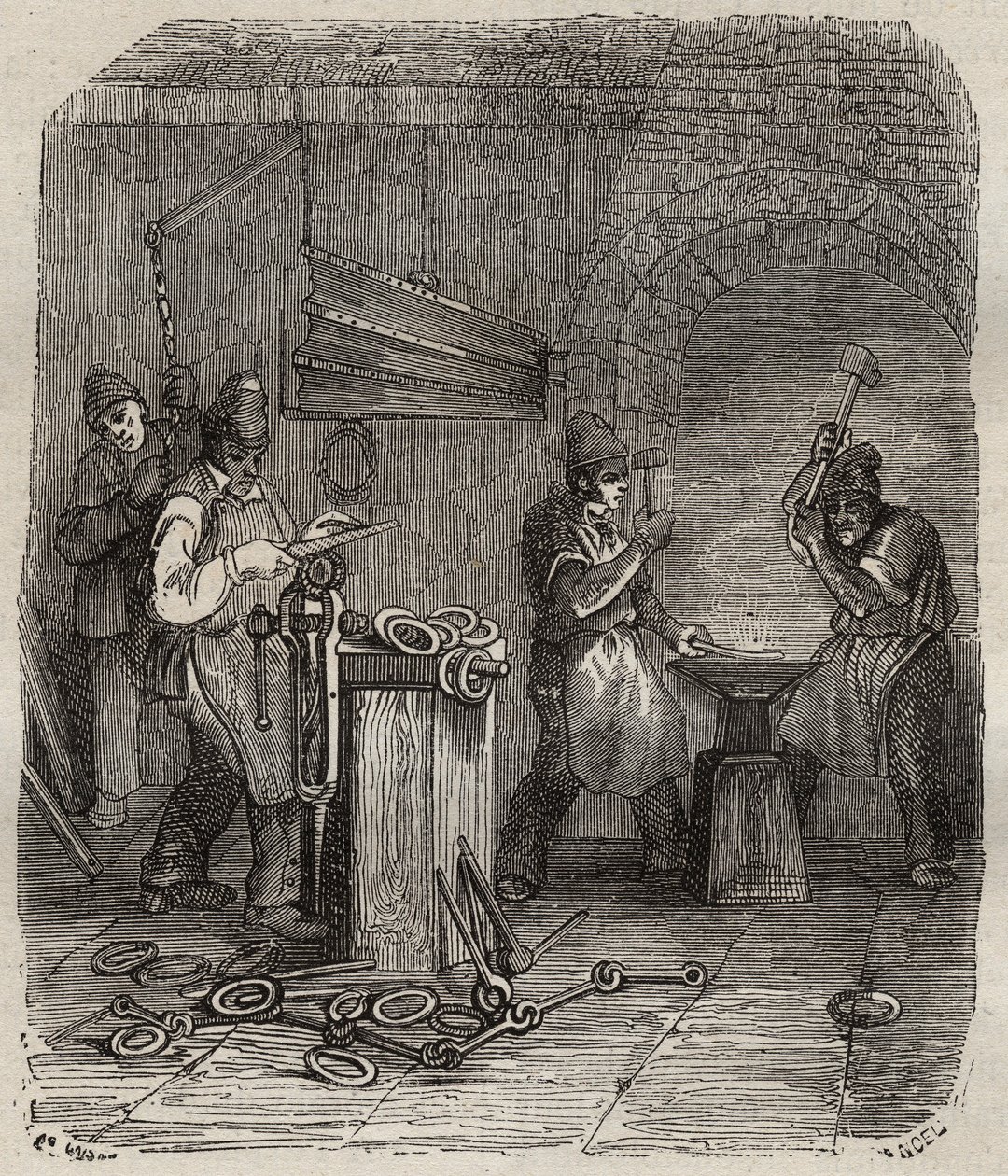 Dělnické síly v Rochefort Bagne v 19. století. Rytina do „Historie trestanců od jejich vzniku až po současnost“ (1877) od Pierra Zacconeho (1817-1895) (Colonia Penale - Trestná kolonie). Soukromá sbírka. od Anonymous Anonymous