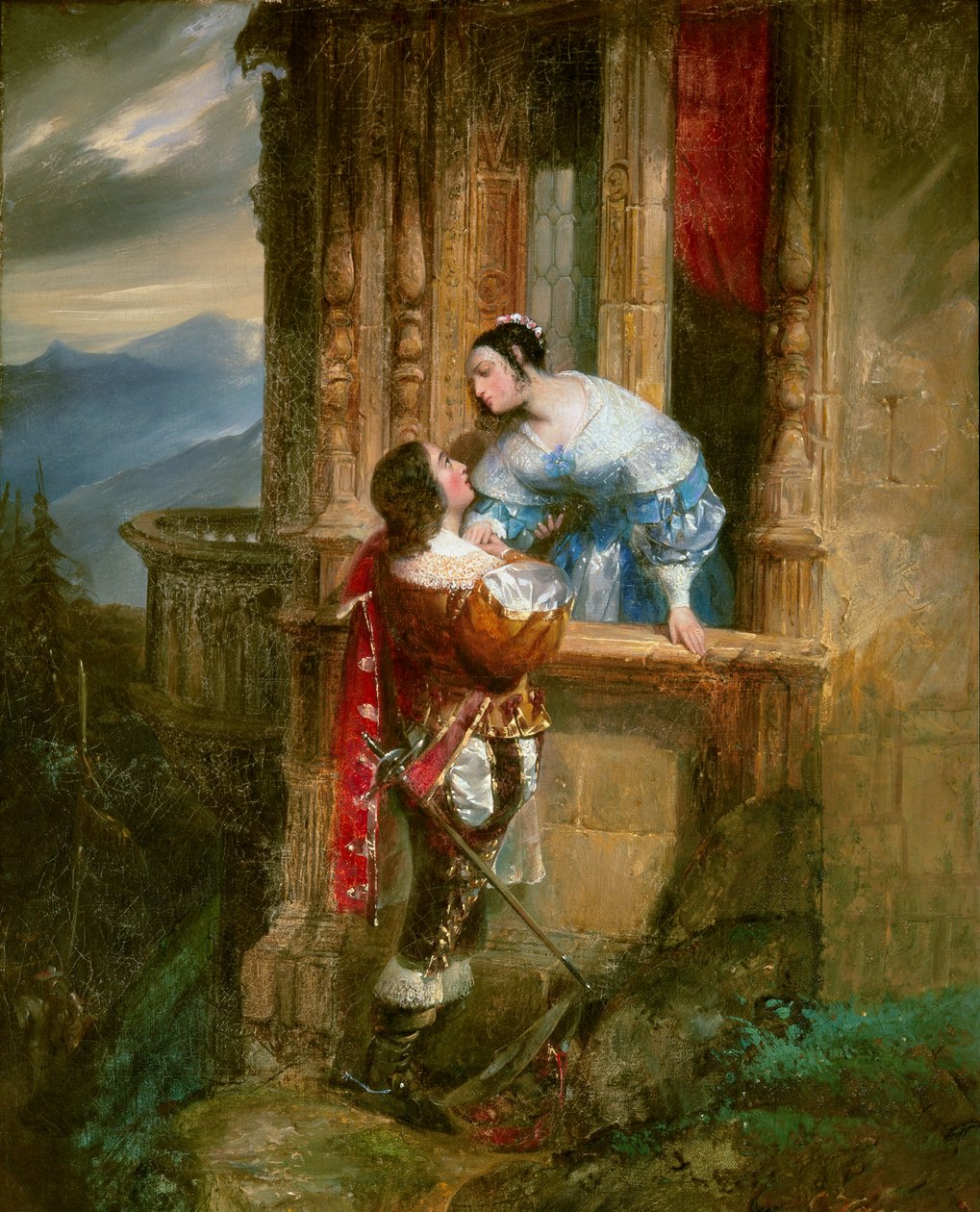 Mladý muž, který se dvoří, má na balkoně dámu Ilustrace k filmu „Romeo a Julie“ od Williama Shakespeara (1564-1616). Anonymní obraz 19. století. Lyon, musee des Beaux Arts - Mladý muž dvořící se mladé dámě, scéna z balkónu. Ilustrace pro „ od Anonymous Anonymous