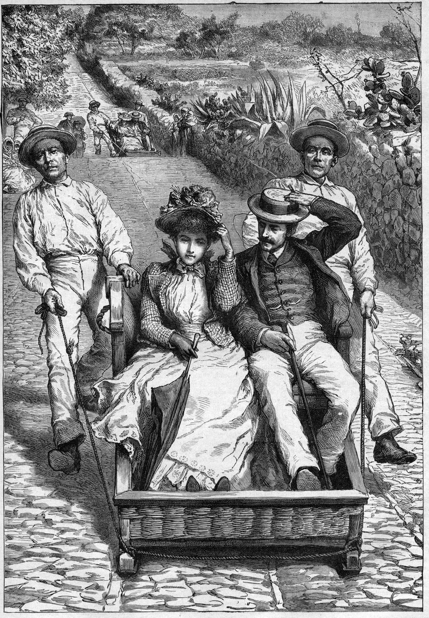 carros de cesto na Madeiře 1893 - Les corinhos (carrieros) a Madeira (Madeira) - muži navádějící sedadlo na dvou místech na ruletě (un corinho). rytina v ""cestovatelském deníku""" 1893 od Anonymous Anonymous