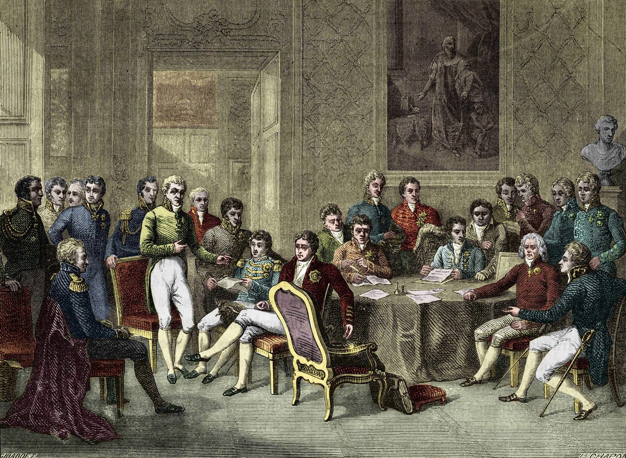 vídeňského kongresu. Vídeňský kongres v roce 1815. Alexandr I., car; H.R.Stewart, Castlereagh; Francois I., císař rakouský; Frederic William III, král pruský; Karl August, princ z Hardenberghu; Wilhelm von Humboldt (William z Humboldtu od Anonymous Anonymous
