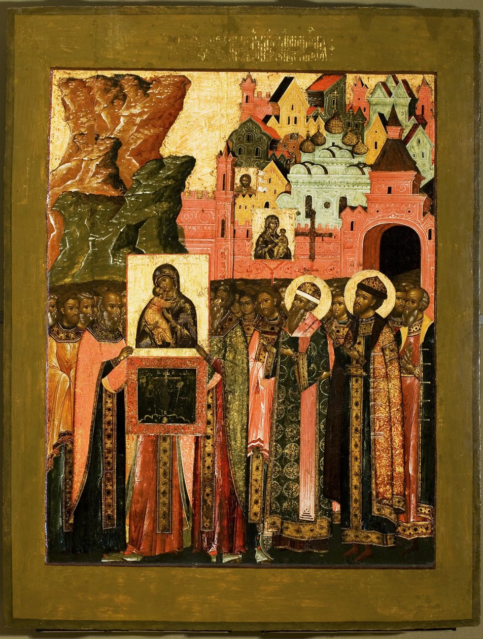 Příjezd ikony Panny Marie Vladimirské do Moskvy v roce 1395, polovina 17. století. od Anonymous Russian icon painter