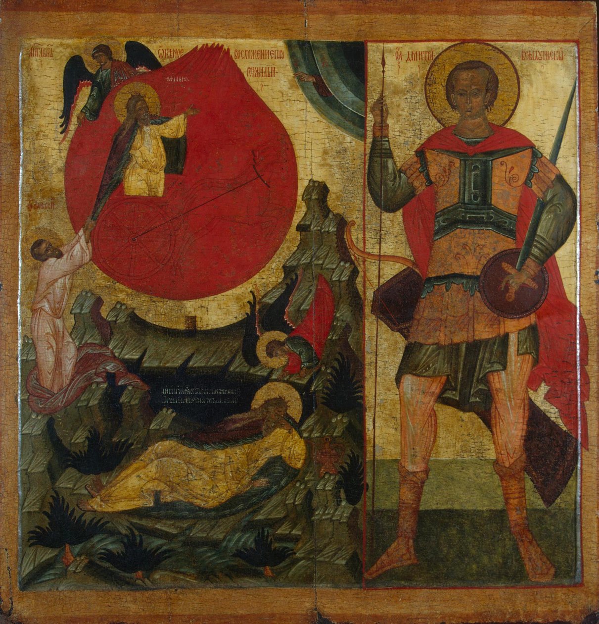 Prorok Eliáš a Ohnivý vůz. Svatý Demetrius Soluňský, polovina 16. století od Anonymous Russian icon painter