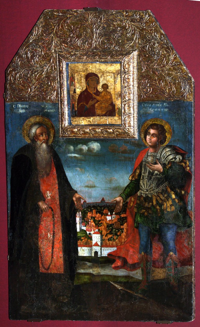 Panna Hodegetria ze Smolenska se svatými Abrahamem ze Smolenska a Mercuriem ze Smolenska, 1722 od Anonymous Russian icon painter