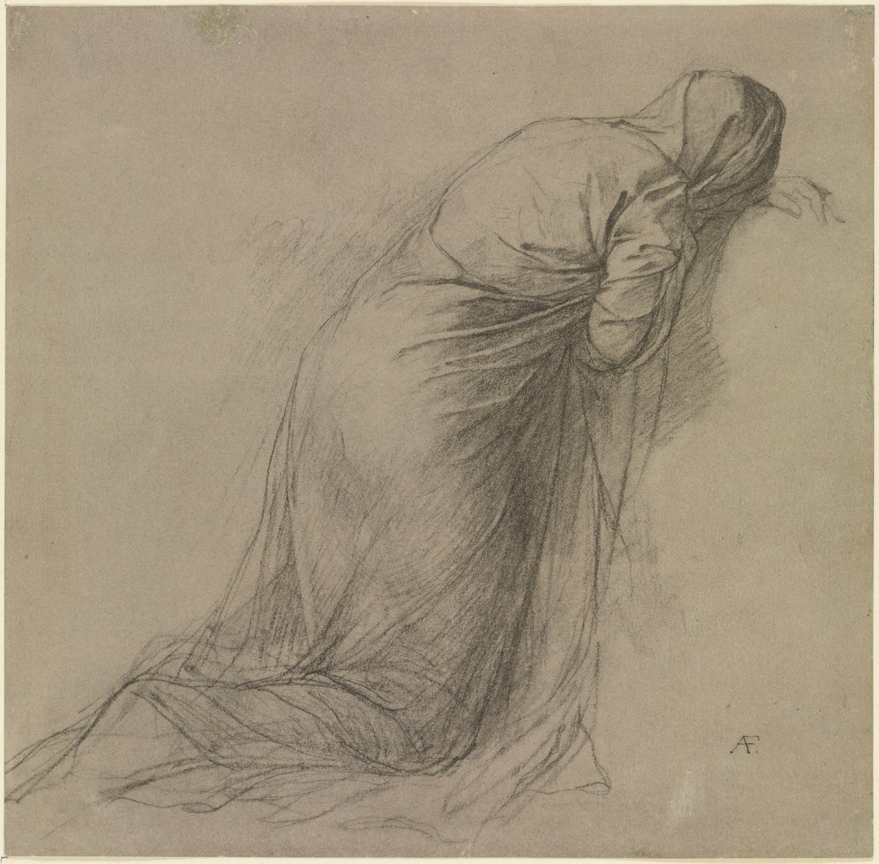 Studie drapérie zahalené ženské postavy klečící vpravo od Anselm Feuerbach