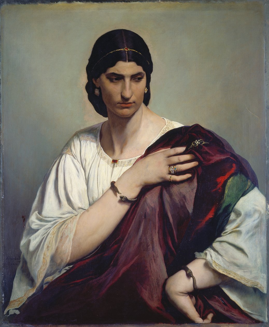 Lucrezia Borgia; Portrét římské ženy v bílé tunice a červeném rouchu, cca 1862-66 (olej na plátně) od Anselm Feuerbach