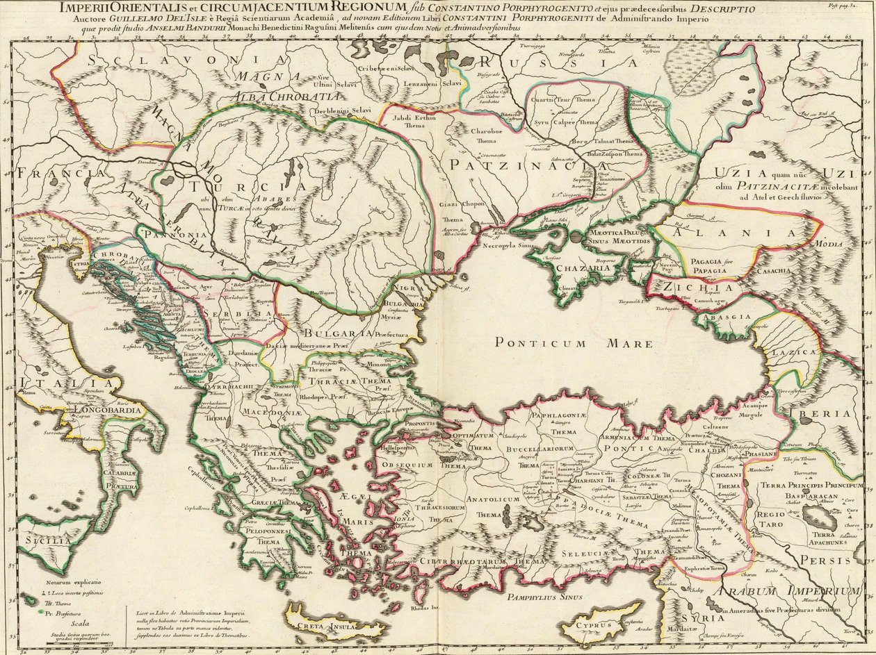 Mapa východní římské říše a přilehlých oblastí v době Constantine VII Porphyrogennetos a jeho předchůdců (tj. 8.-9. Století) od Anselmo Maria Banduri