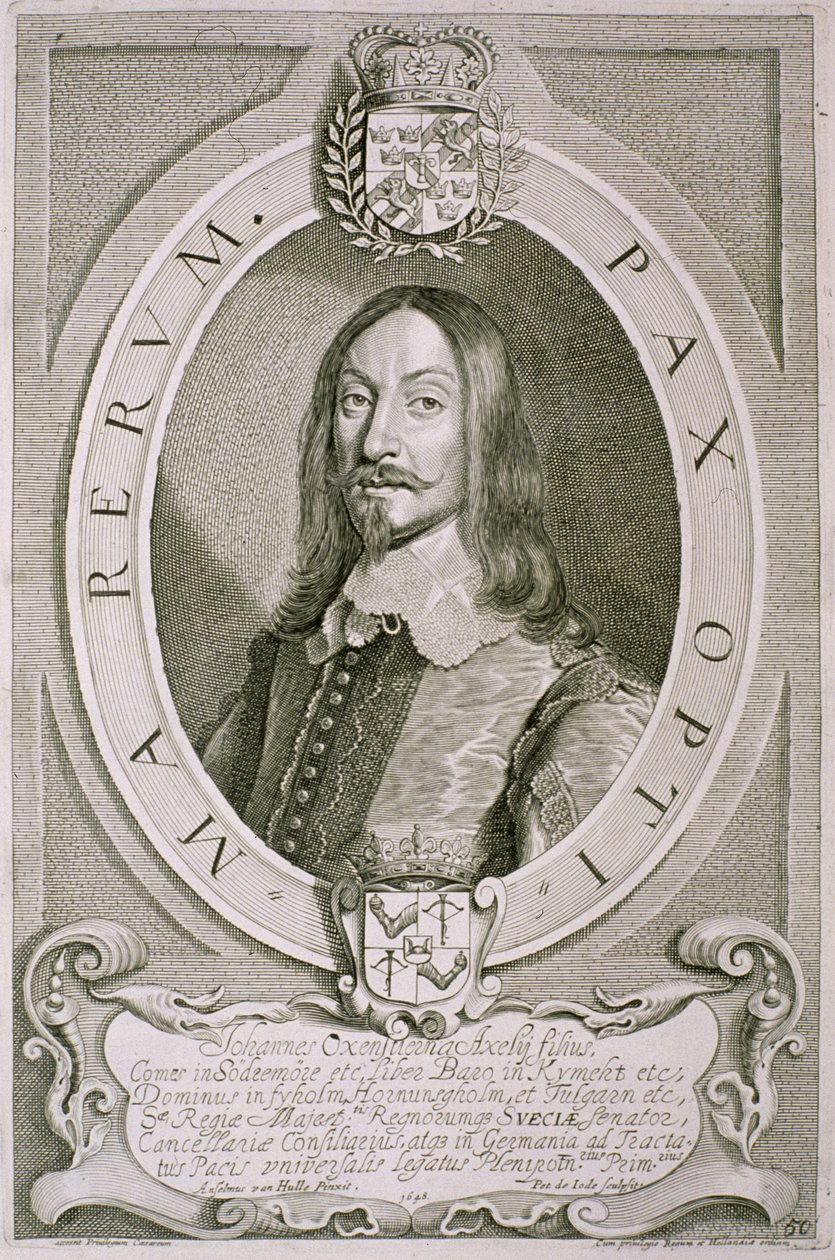 Johan Axelsson Oxenstierna (1611-57) hrabě ze Sodermore, z „Portraits des Hommes Illustres“, vyryl Petrus de Iode, publikoval 1706 od Anselmus van Hulle