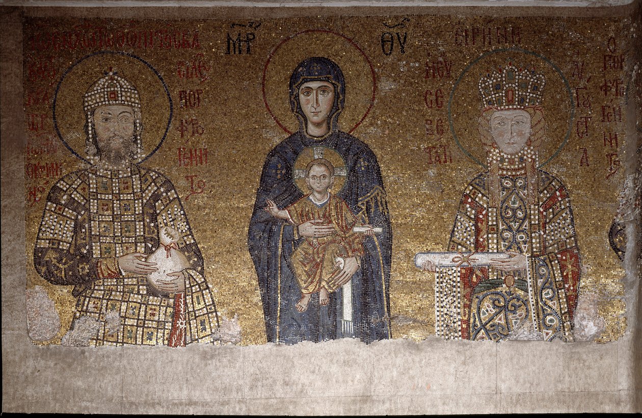 Panna sedící mezi Janem II. Komnenem a jeho manželkou Irenou Uherskou (Mozaika, 6. století) od Anthemius of and Miletus Isidore of Tralles