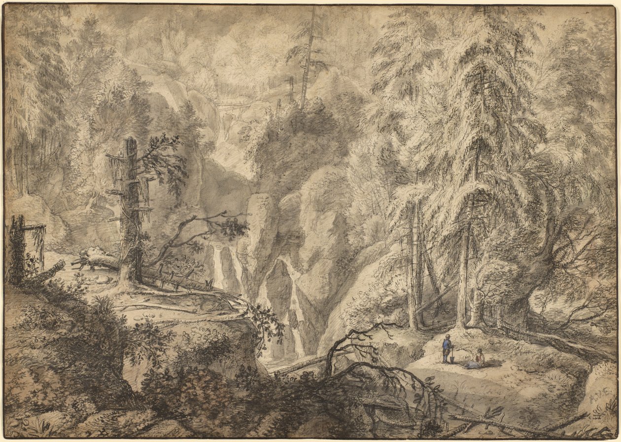 Horská krajina, rolníci na mýtině u vodopádu (recto); krajinářská skica (verso) od Anthonie Waterloo