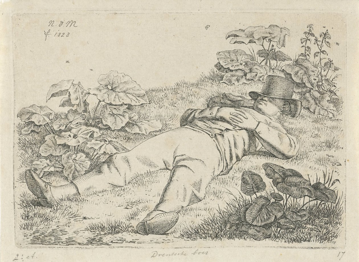 Ležící muž v trávě Drentsche farmer (titul na objektu) od Anthonie Willem Hendrik Nolthenius de Man