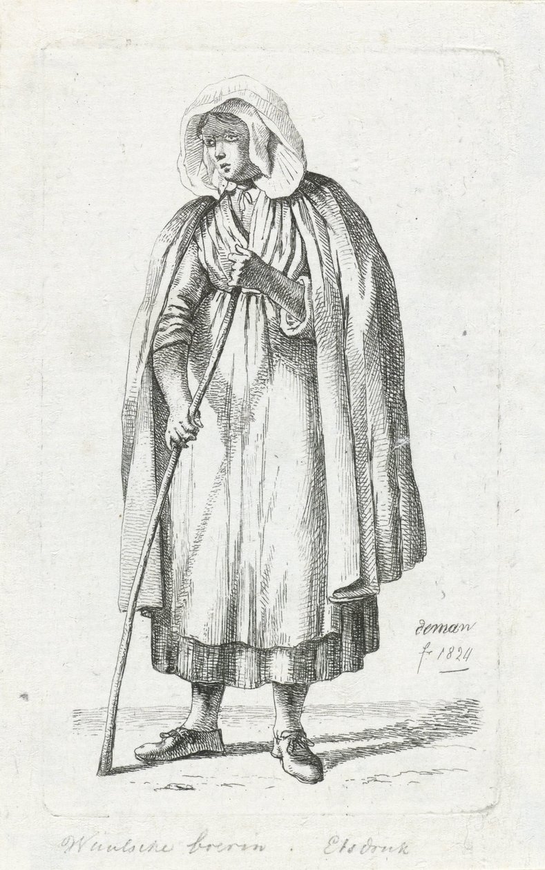 Žena s pláštěm a holí Valonská farmářská manželka (titul na předmětu) od Anthonie Willem Hendrik Nolthenius de Man
