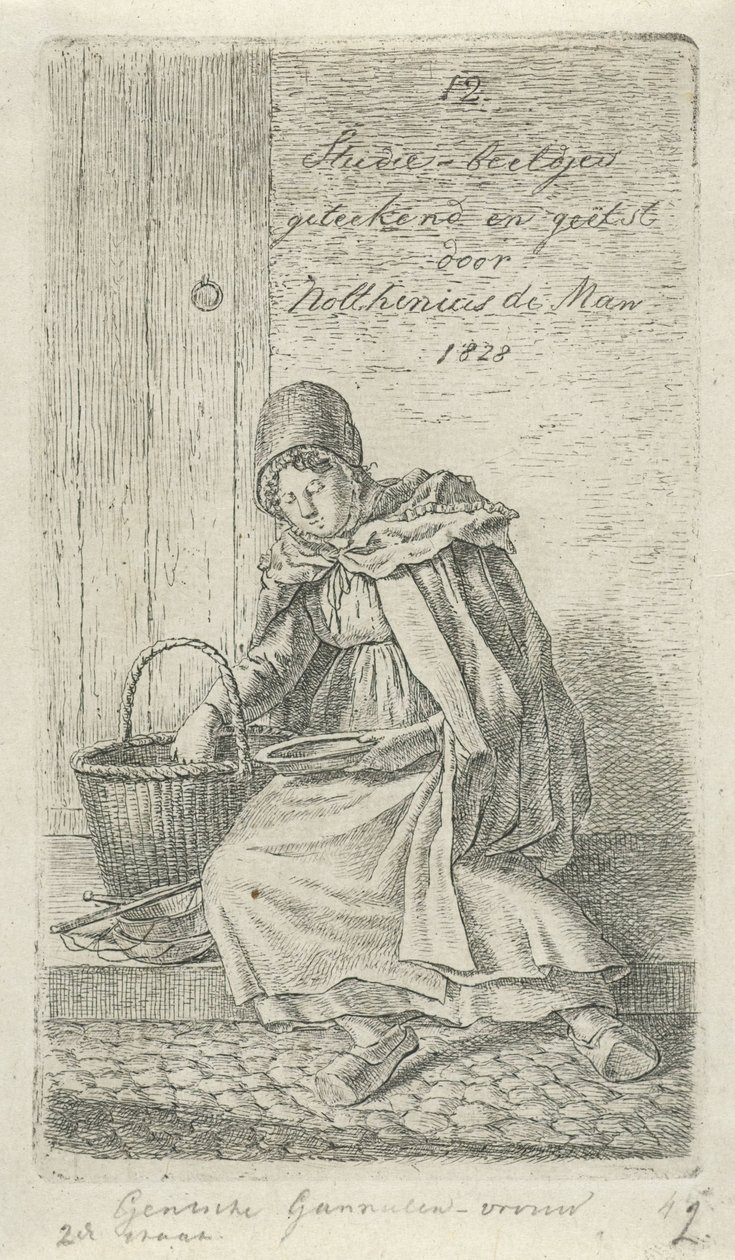 Sedící žena s košíkem a talířem Gentsche Shrimp woman (titul na předmětu) 12 studijních figurek (název série) od Anthonie Willem Hendrik Nolthenius de Man