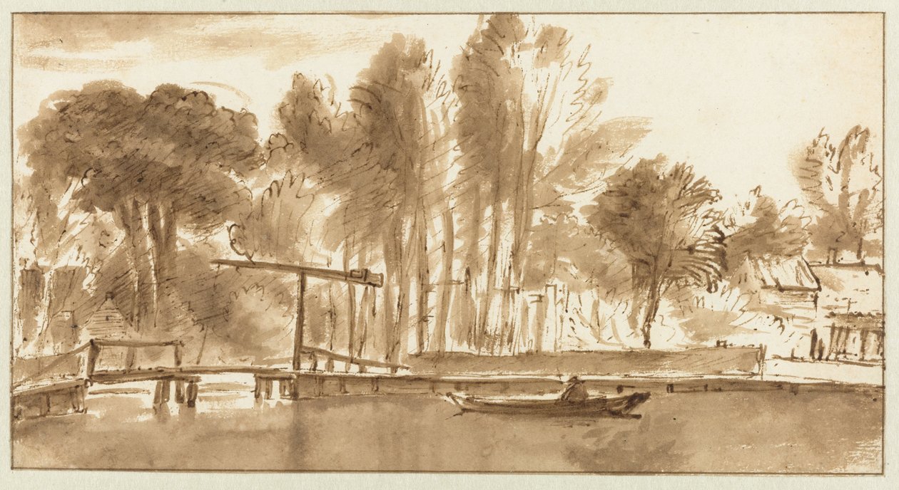 Zalesněná říční krajina s padacím mostem od Anthonie van Borssom (attributed to)