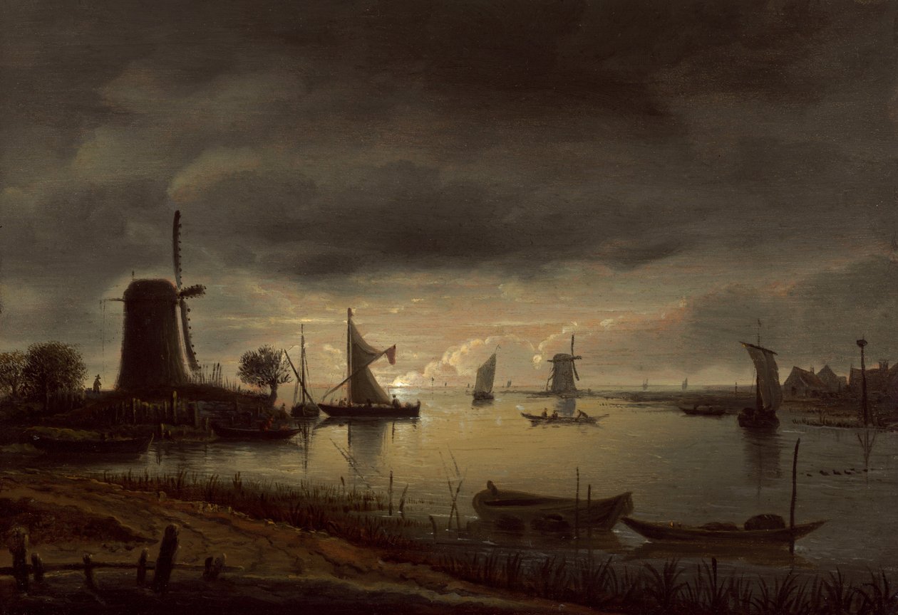 Říční scéna s větrným mlýnem a čluny, večer, c. 1645. od Anthonie van Borssom