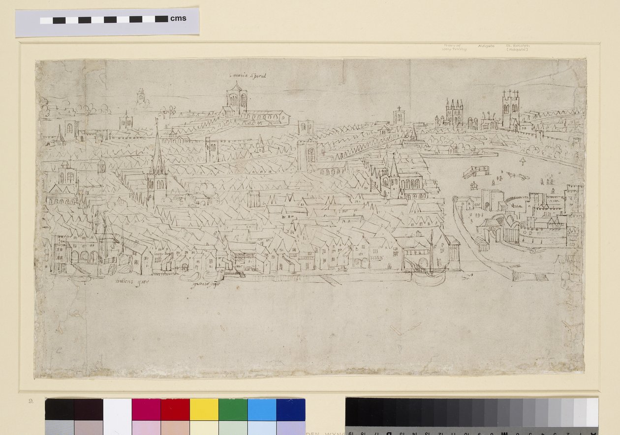 Billingsgate k Tower Wharf, z "Panoramatu Londýna", asi 1544 (pero, tuš a křída na papíře) od Anthonis van den Wyngaerde