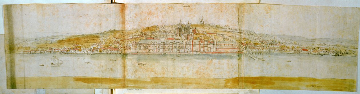 Greenwichský palác ze severního břehu Temže, cca 1544 (pero, inkoust a wc na papíře) od Anthonis van den Wyngaerde