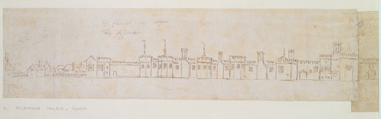 Vnější zeď Richmondského paláce, 16. století (pero a inkoust na papíře) od Anthonis van den Wyngaerde