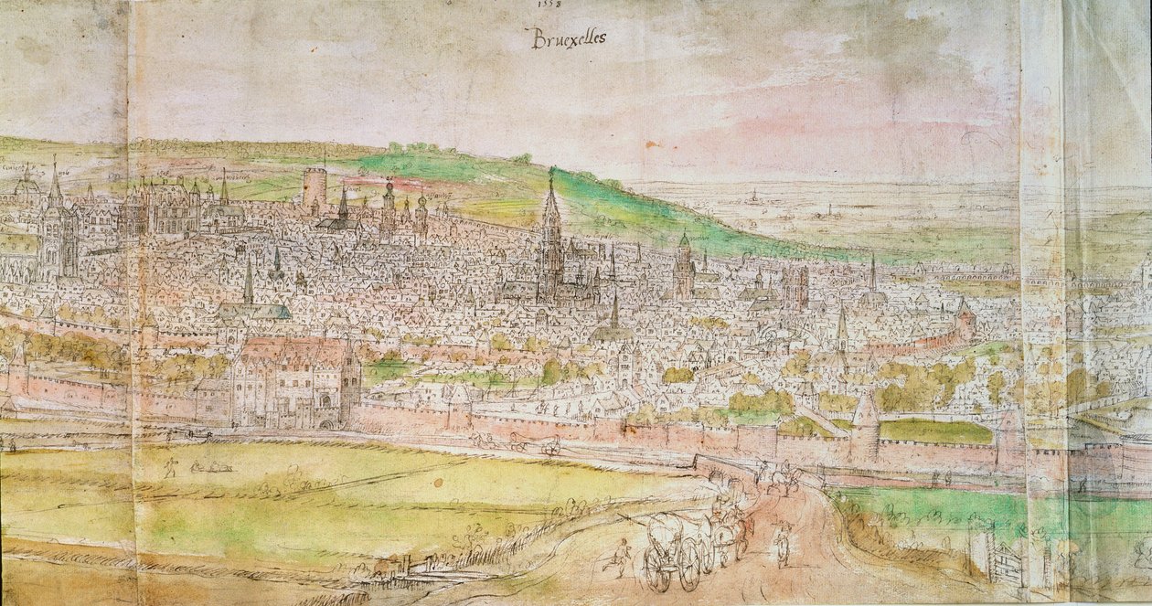 Panoramatický pohled na Brusel, 16. století (pero, inkoust a wc na papíře) od Anthonis van den Wyngaerde