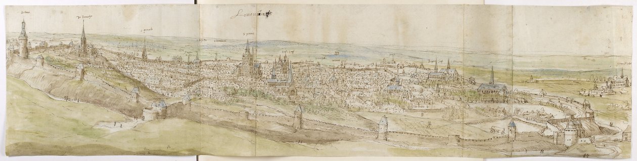 Panoramatický pohled na Leuven od severozápadu (pero a hnědý inkoust a akvarel přes černou křídu) od Anthonis van den Wyngaerde