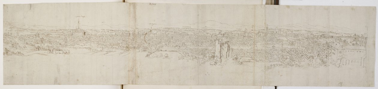 Panoramatický pohled na Řím z Monte Janiculus (pero a hnědý inkoust na černé křídě) od Anthonis van den Wyngaerde