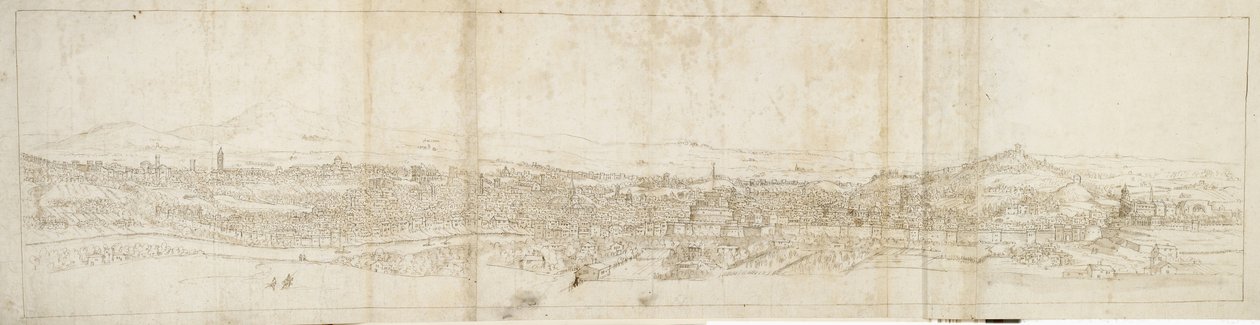 Panoramatický pohled na Řím z Monte Mario, Castel S. Angelo v popředí (pero a hnědý inkoust a hnědá barva na černé křídě) od Anthonis van den Wyngaerde