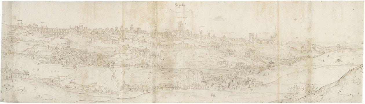 Panoramatický pohled na Segovii z východu (pero a hnědý inkoust s modrým nádechem na černé křídě) od Anthonis van den Wyngaerde