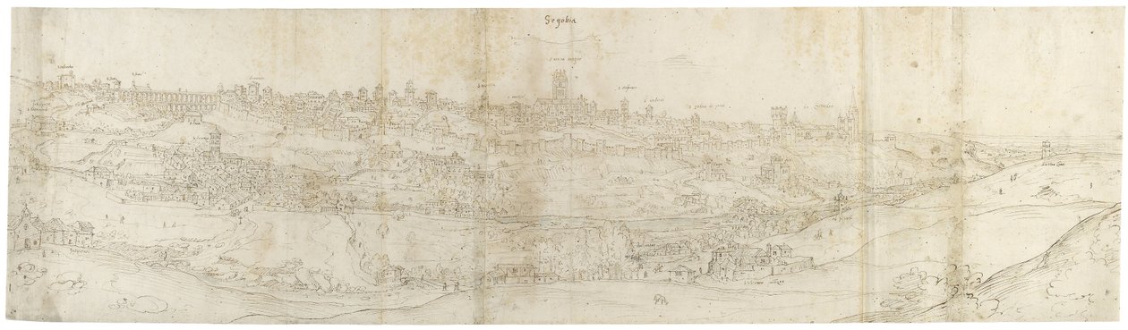 Panoramatický pohled na Segovii od východu (pero a hnědý inkoust s modrým nádechem na černé křídě) od Anthonis van den Wyngaerde