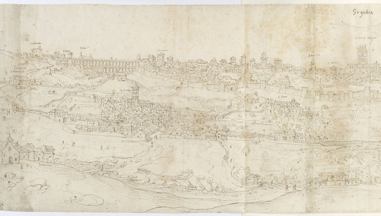 Panoramatický pohled na Segovii z východu (pero a hnědý inkoust s modrým nádechem na černé křídě) od Anthonis van den Wyngaerde