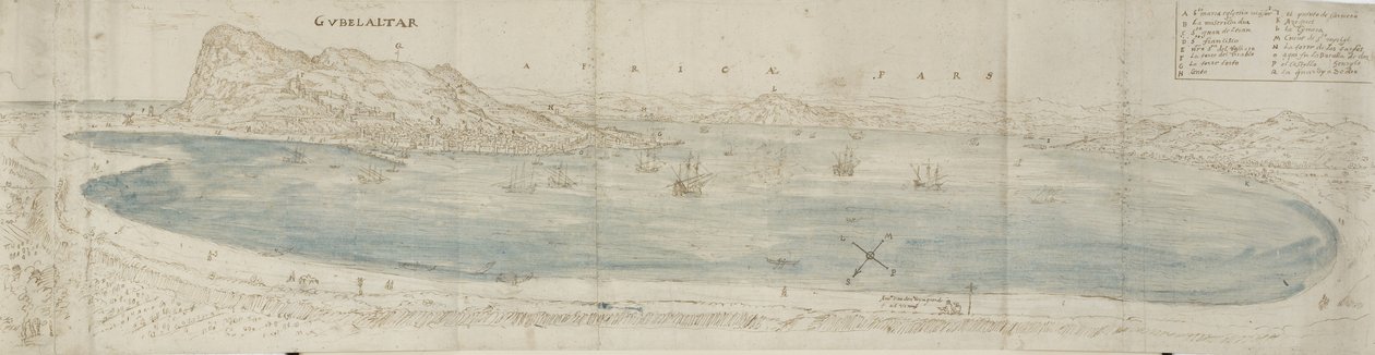 Panoramatický výhled na Gibraltarský záliv s výhledem na město a africké pobřeží za ním (pero a hnědý inkoust s modrou barvou na černé křídě) od Anthonis van den Wyngaerde