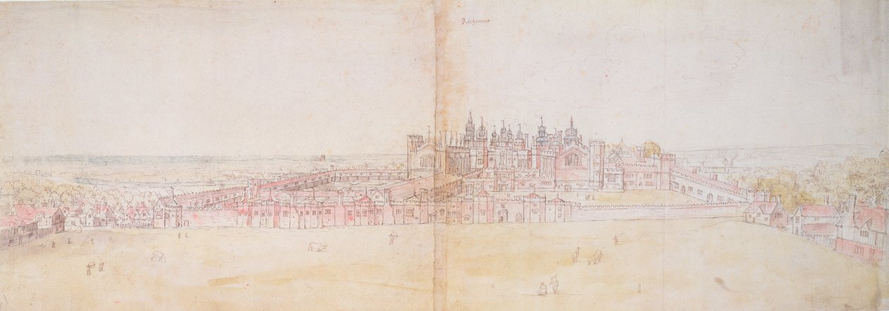 Richmondský palác ze severovýchodu, 16. století (pero, inkoust a wc na papíře) od Anthonis van den Wyngaerde