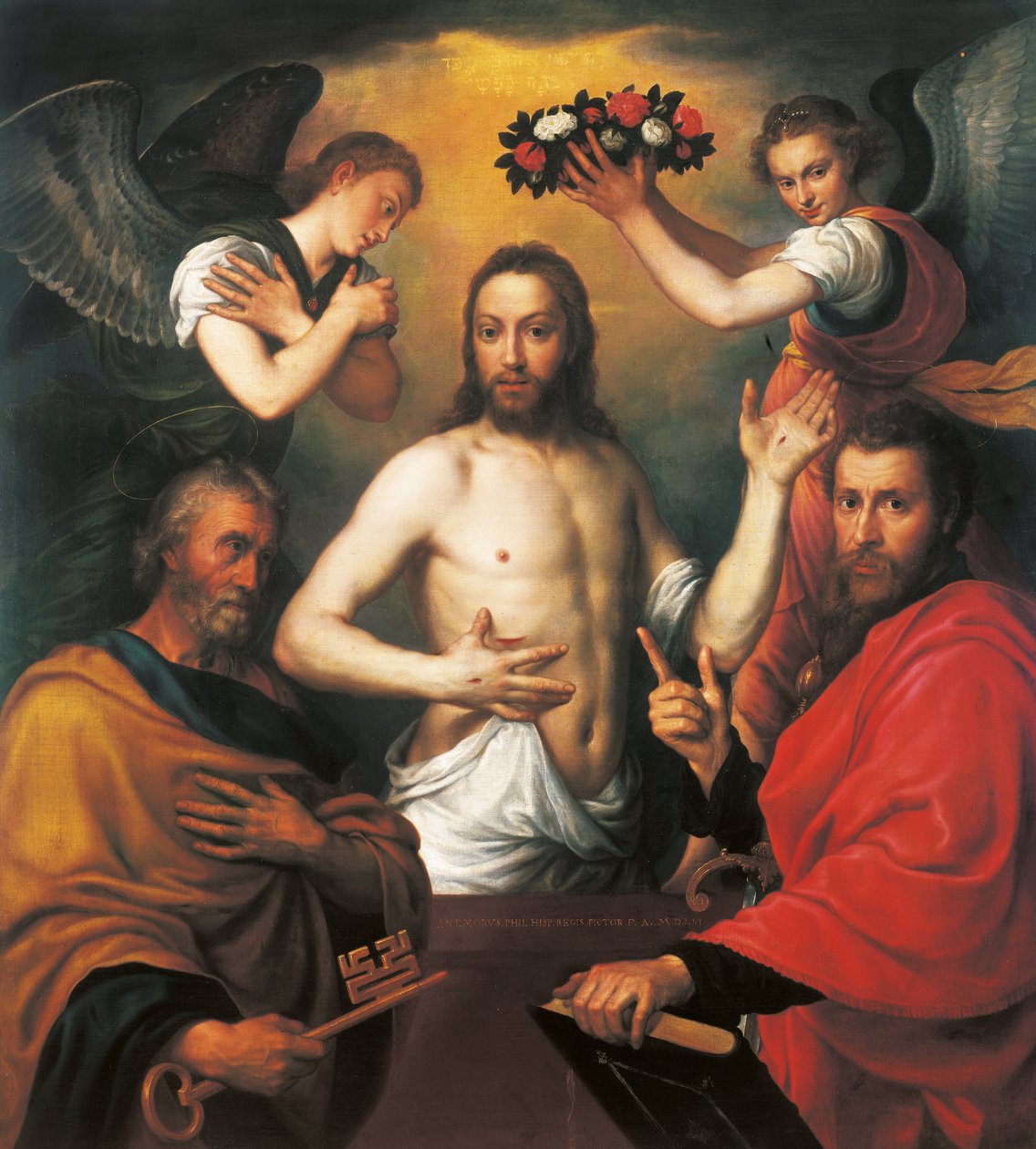 Vzkříšený Kristus se svatými Petrem a Pavlem od Anthonis van Dashorst Mor