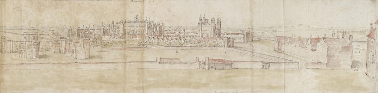 Palác Hampton Court od severu (pero a hnědý inkoust a akvarel přes slabé náznaky černou křídou) od Anthonis van den Wyngaerde