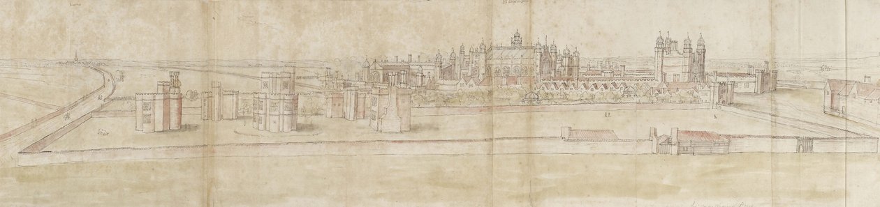 Palác Hampton Court od severu (pero a hnědý inkoust a akvarel přes slabé náznaky černou křídou) od Anthonis van den Wyngaerde