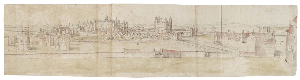 Palác Hampton Court od severu (pero a hnědý inkoust a akvarel přes slabé náznaky černou křídou) od Anthonis van den Wyngaerde