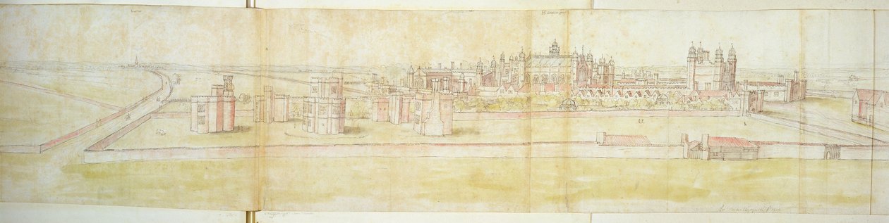 Hampton Court Palace ze severu, cca 1544 (pero, inkoust a wc na papíře) od Anthonis van den Wyngaerde