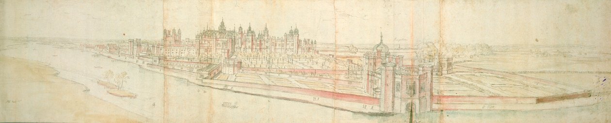 Hampton Court Palace from the River, c.1544 (pero, inkoust a wc na papíře) od Anthonis van den Wyngaerde