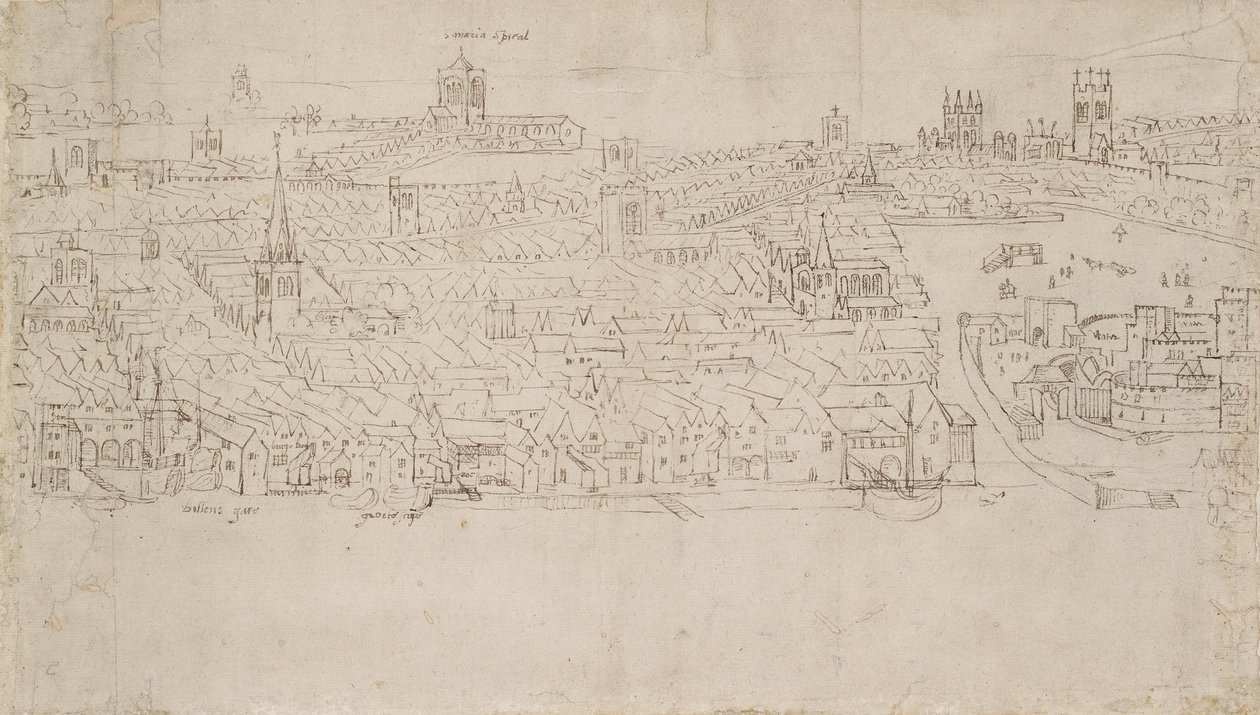 Panorama Londýna při pohledu ze Southwarku: Billingsgate do Tower Wharf, 1554 od Anthonis van den Wyngaerde