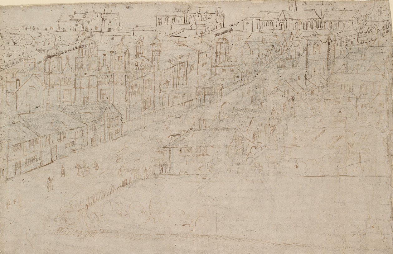 Panorama Londýna při pohledu ze Southwarku: Borough High Street se St Mary Overy, 1554 od Anthonis van den Wyngaerde