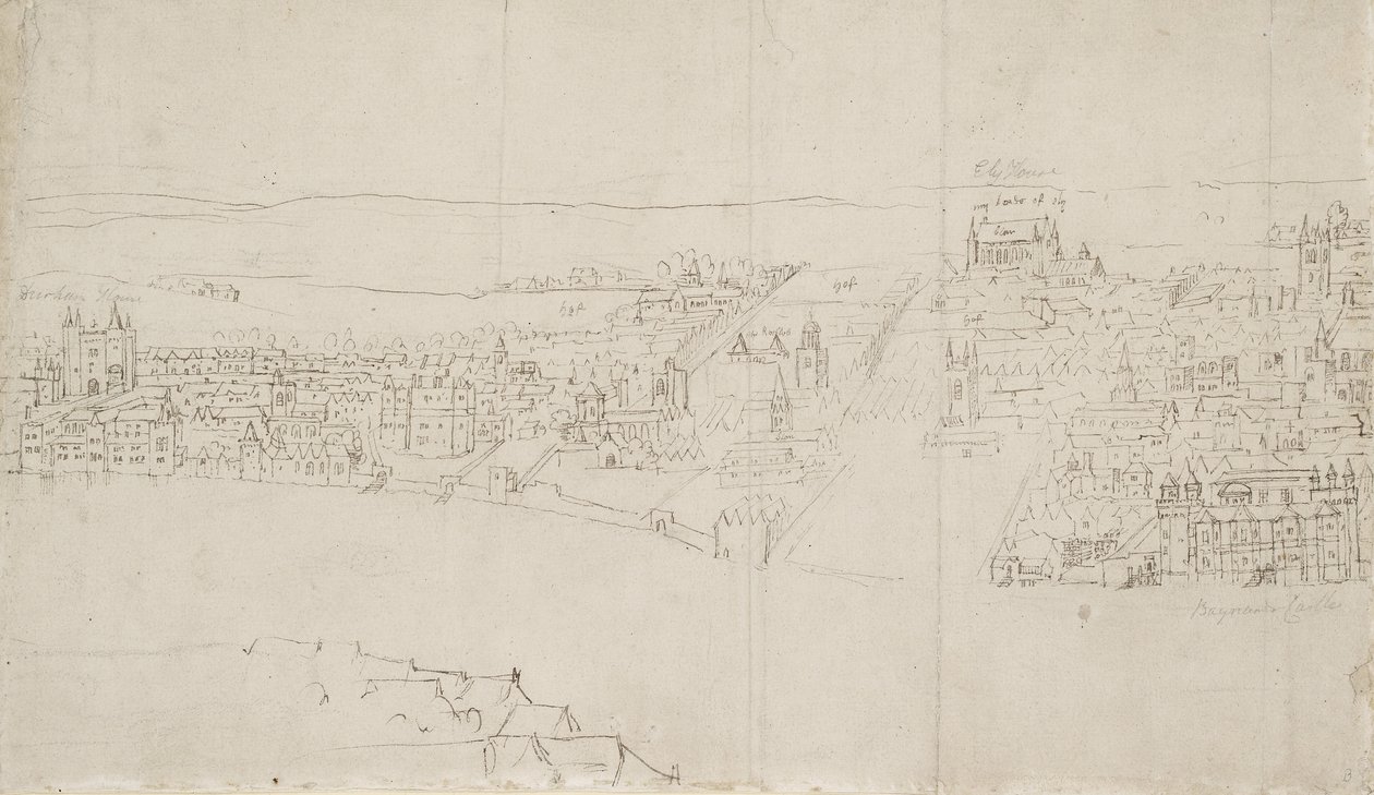 Panorama Londýna při pohledu ze Southwarku: Durham House k Barnards Castle (pero a inkoust přes černou křídu na papíře) od Anthonis van den Wyngaerde
